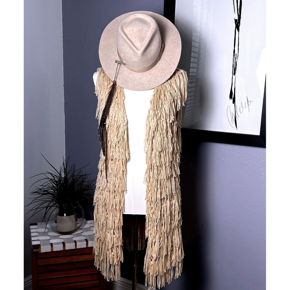 PPLA Womens XL Tan Long Crochet Flounder Fringe Vest Boho Western Festival